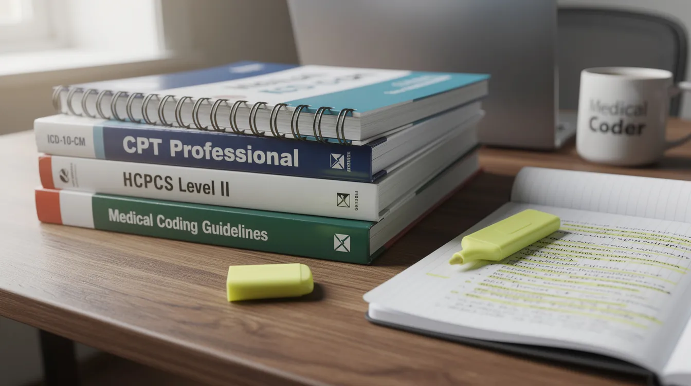 A stack of essential medical coding reference books, including ICD-10 and CPT manuals, is neatly arranged on a desk next to a highlighter and a notebook, providing valuable resources for medical billing and coding professionals preparing for certification exams in the healthcare industry. This setup is perfect for aspiring certified professional coders and medical billers looking to enhance their knowledge and skills.