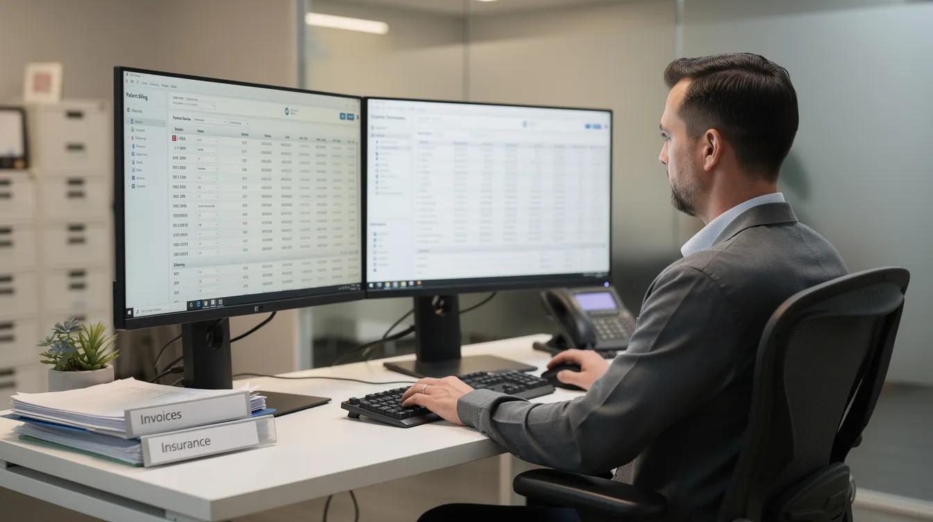 A person is seated at a desk in a professional office, working with dual computer monitors that display medical billing software, reflecting a focused environment for medical coders and billers in the healthcare industry. The setup emphasizes the importance of accurate medical records and coding procedures in ensuring efficient billing processes.