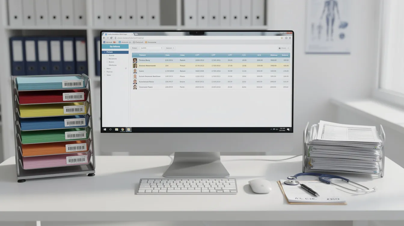 The image depicts a medical office workspace featuring a computer screen displaying billing software alongside organized patient files. This setup is essential for medical billing and coding professionals, including certified medical coders and billers, to efficiently process patient data and manage medical records.