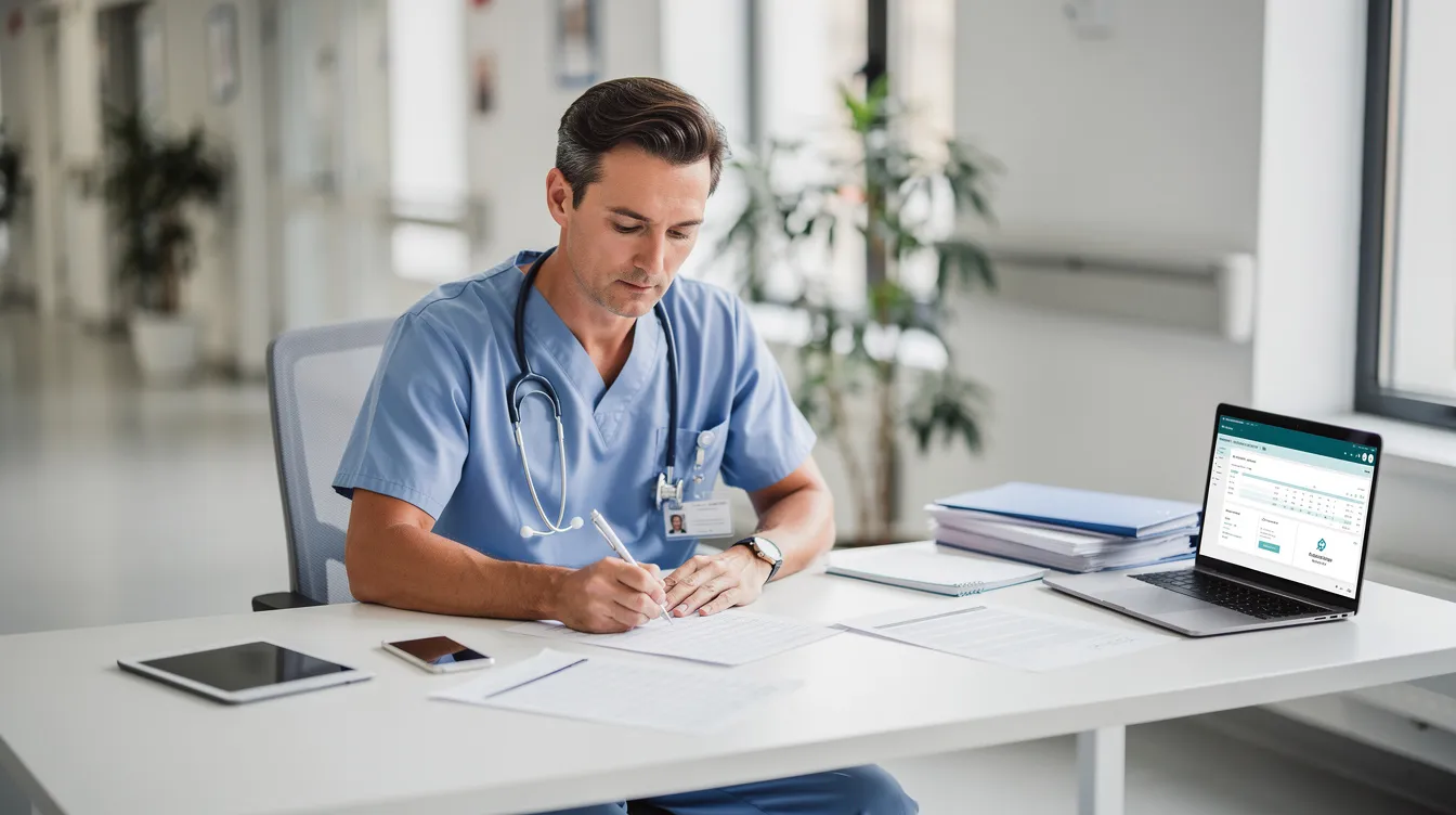 A healthcare professional is seated at a modern desk, intently reviewing patient medical records and various documents related to medical billing and coding. The setting reflects a professional environment, emphasizing the importance of accurate coding and billing in the healthcare industry.