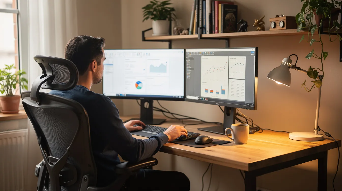 The image shows a person focused on their work at a computer in a home office, equipped with dual monitors that display medical billing software and coding guidelines. This setup is ideal for coding specialists and medical billers who perform medical billing tasks remotely in the healthcare industry.