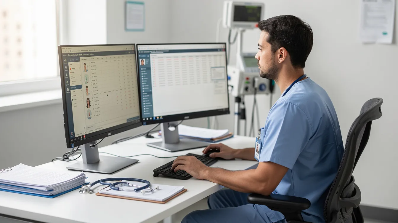 A healthcare professional is seated at a computer workstation, efficiently managing medical records and patient data. This setting highlights the vital role of medical billing and coding in the healthcare industry, showcasing the technical skills required for coding specialists and medical records specialists.