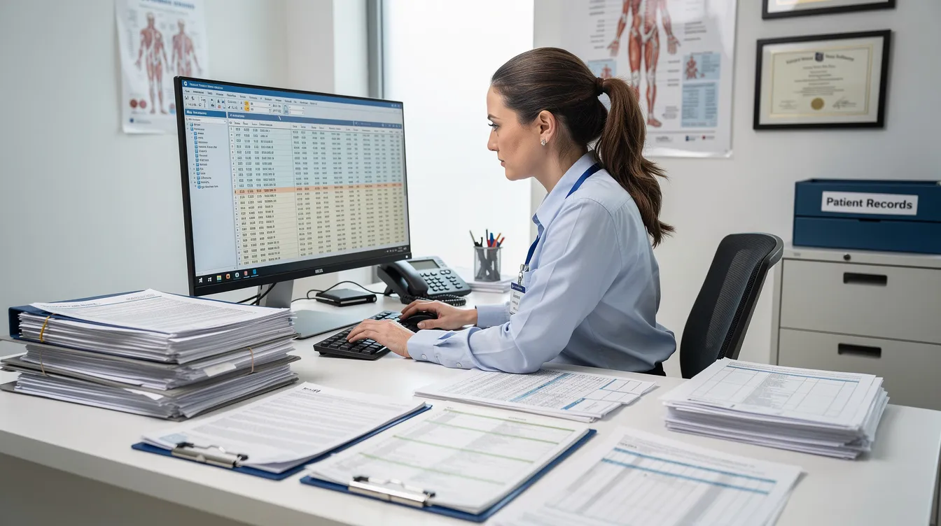 A medical billing specialist is seated at a desk in a healthcare office, intently focused on a computer surrounded by medical documents and forms. This scene illustrates the vital role of accurate medical coding and record-keeping in the healthcare industry, emphasizing the importance of the medical billing profession.