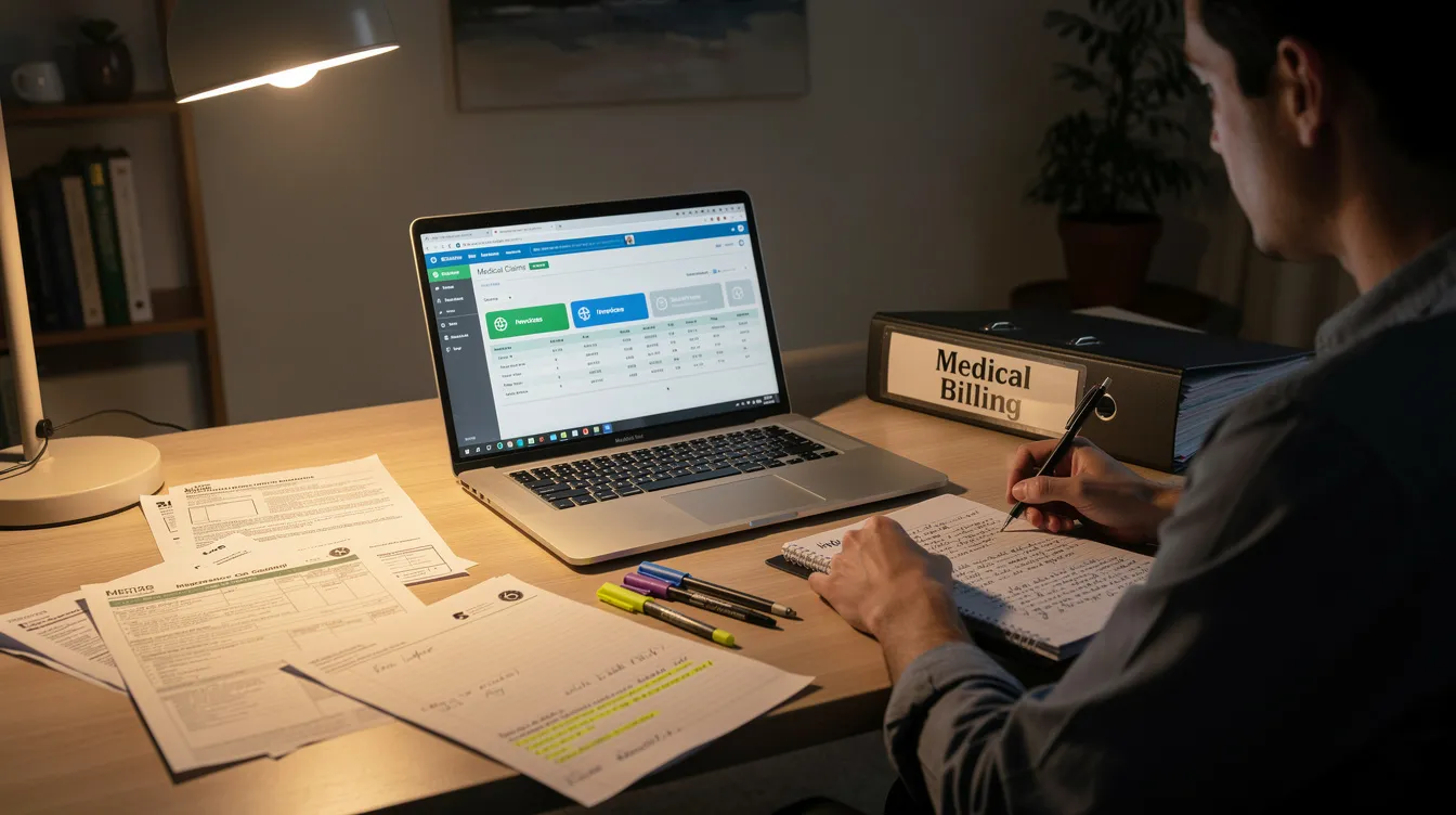 A person is studying medical billing materials at a home desk, surrounded by a laptop and notes, focusing on the intricacies of medical coding and billing. This scene reflects the dedication of future medical coders and billers preparing for their certification exams and careers in the healthcare industry.