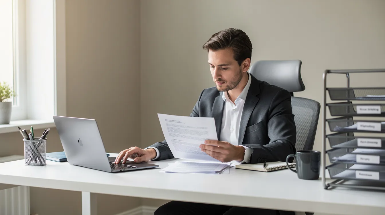 A professional person is intently reviewing documents at a neatly organized home office desk, which features a laptop and a well-structured filing system, reflecting the meticulous nature of medical billing and coding work in the healthcare industry. This setting suggests a focus on accuracy and efficiency, essential for medical coders and billers managing patient records and insurance claims.