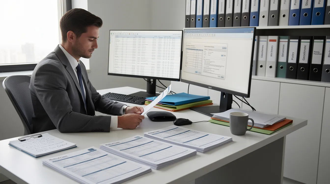 A professional medical coder is seated at a desk, intently reviewing medical claims documents, surrounded by coding software and patient medical records. This scene highlights the critical role of certified professionals in the medical billing and coding field, ensuring accurate processing of insurance claims for healthcare providers.
