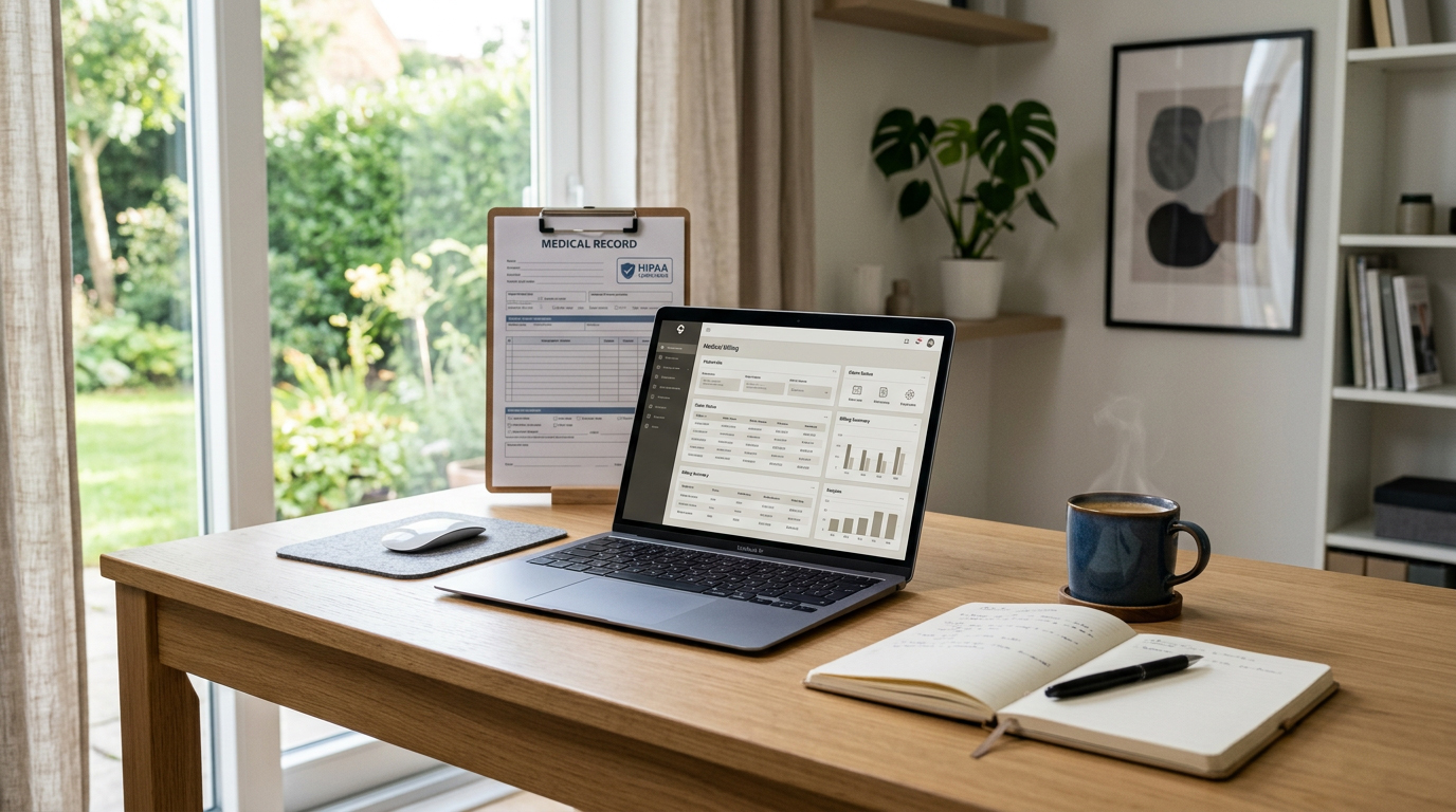 medical-billing-home-office-workspace Home office workspace with laptop and medical billing materials in a clean, professional setting