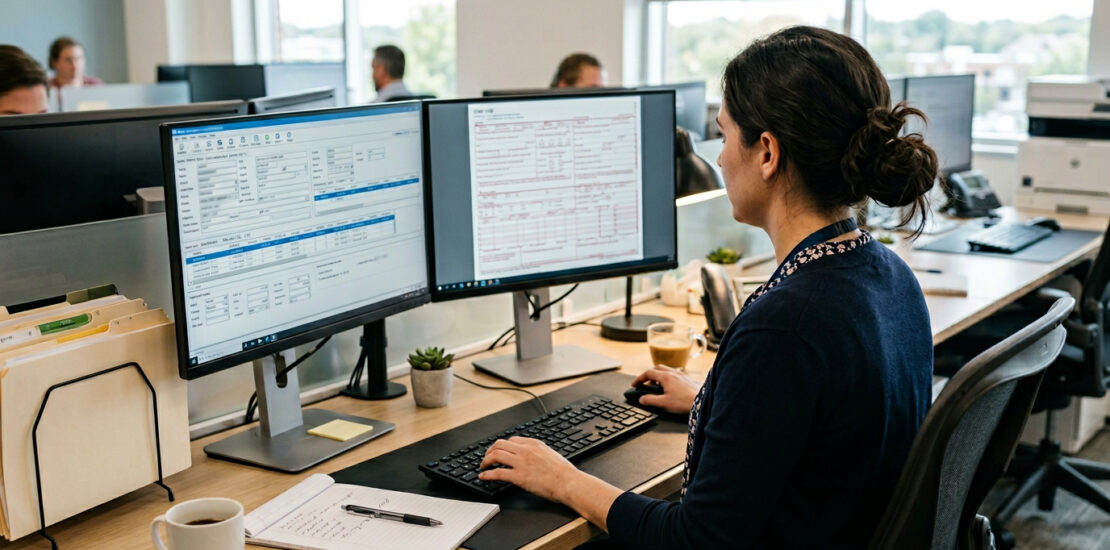 Medical billing specialist training center showing a student reviewing insurance claims and billing data on dual computer screens in an office setting