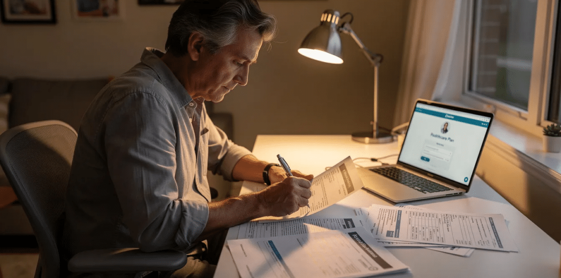 Adult learner pursuing a medical coding cert while studying medical terminology, billing documentation, and coding reference materials at home.