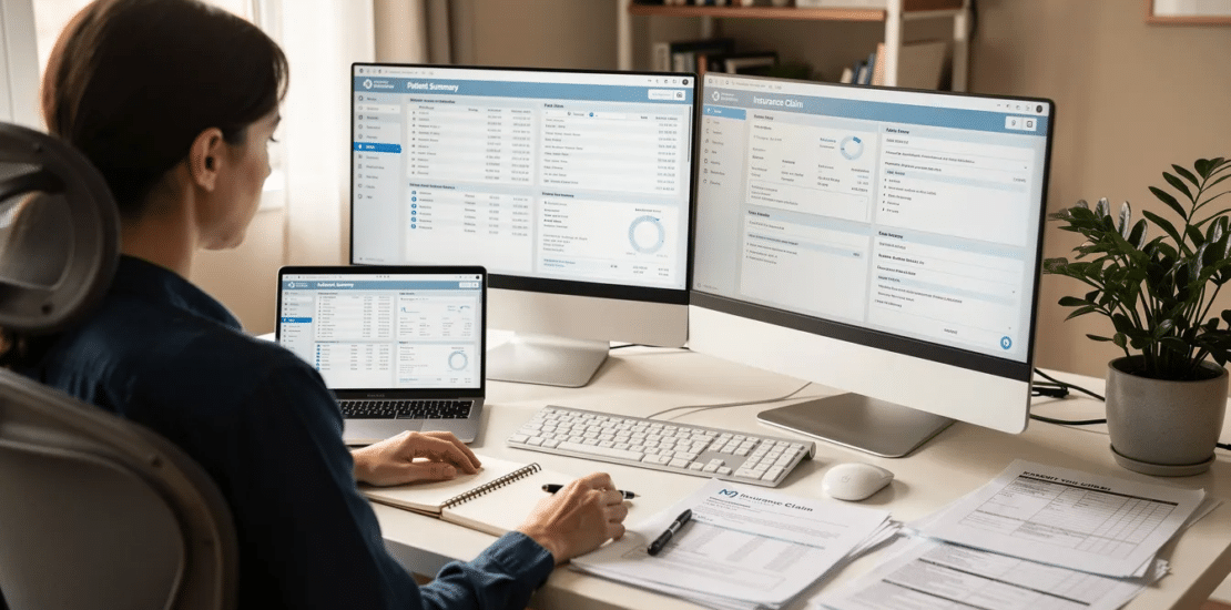 A person is seated at a home desk, working diligently with dual monitors displaying various healthcare documents, including patient medical records and diagnosis and procedure codes. This setup is indicative of a remote medical coder's workspace, emphasizing the importance of accurate coding and compliance in medical billing and documentation.