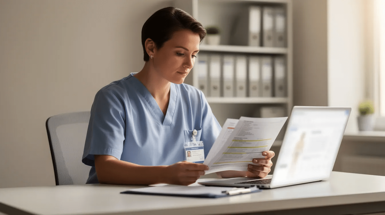 A healthcare professional is seated at a desk in a quiet workspace, reviewing patient medical records alongside a laptop, focusing on coding accuracy and proper documentation for medical billing. The environment reflects a professional setting, essential for tasks like verifying diagnosis and procedure codes.