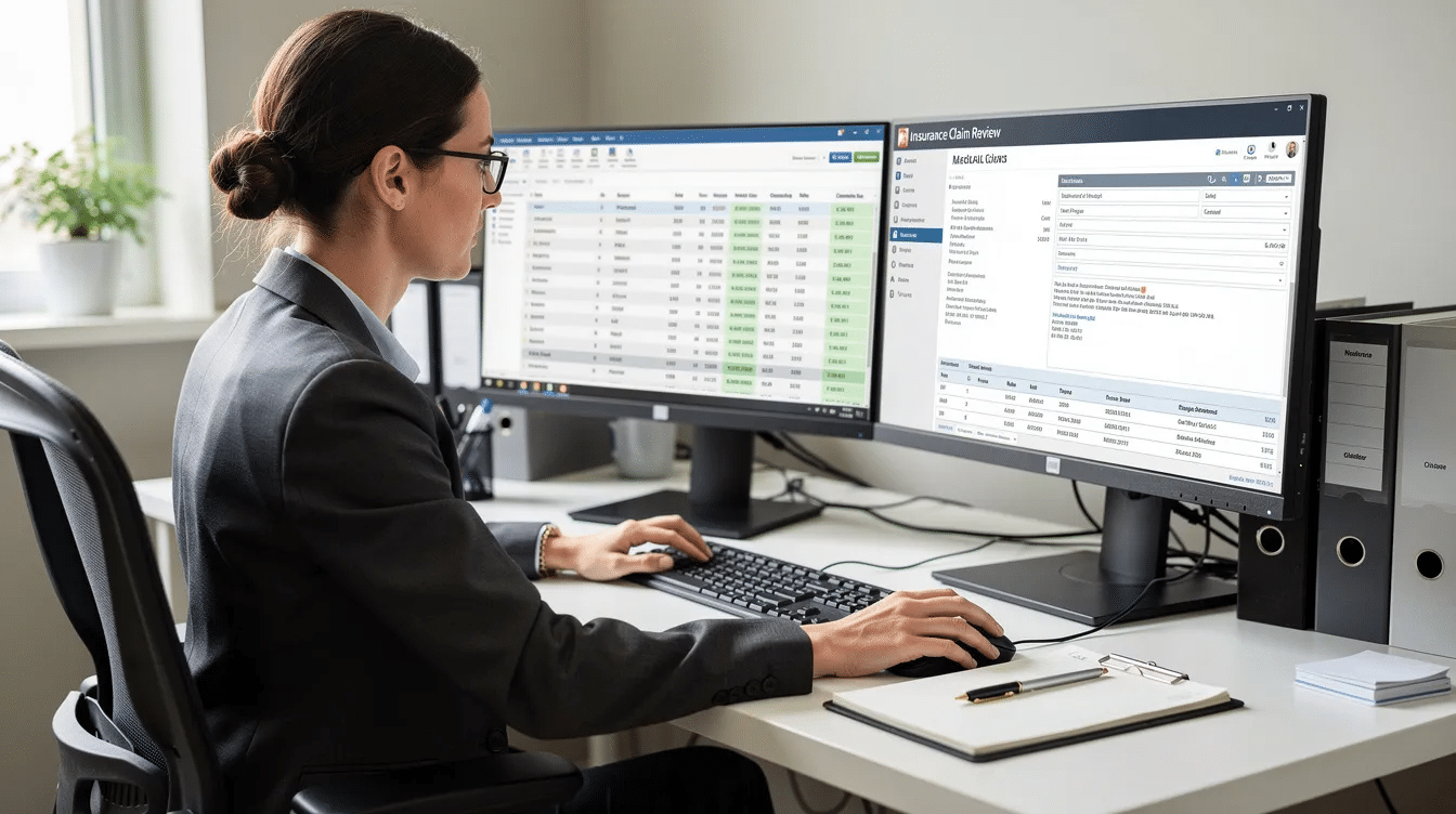 A medical billing specialist sits at a desk, reviewing insurance claims on dual monitors, surrounded by paperwork and medical records. This scene highlights the importance of accurate medical billing and coding in healthcare settings.