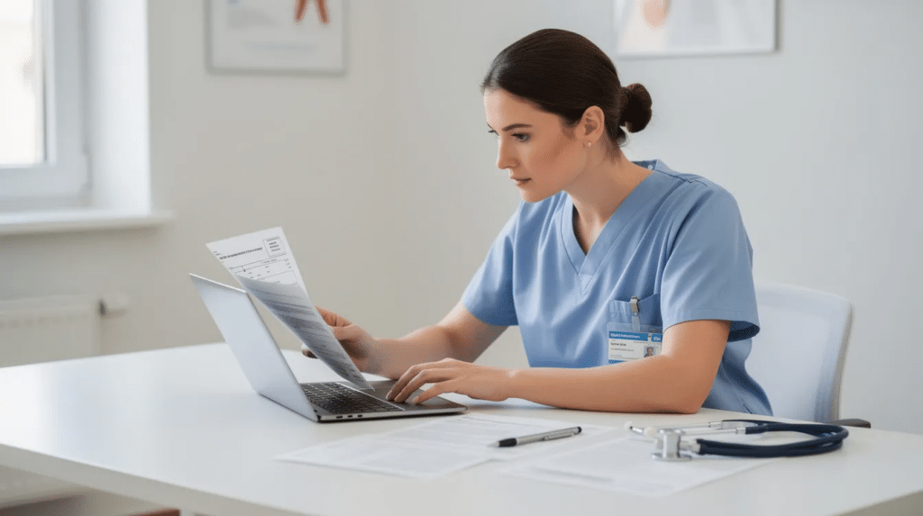 A healthcare worker is focused on reviewing claim forms on a laptop, ensuring that the medical billing and coding processes are accurately completed for proper reimbursement from health insurance companies. The scene highlights the importance of health information management in processing patient data and medical claims. Medical Billing & Coding Online