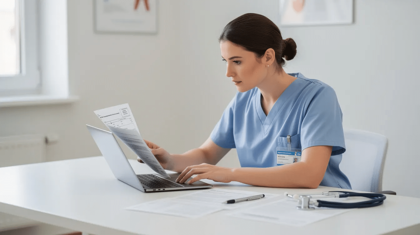 A healthcare worker is focused on reviewing claim forms on a laptop, ensuring that the medical billing and coding processes are accurately completed for proper reimbursement from health insurance companies. The scene highlights the importance of health information management in processing patient data and medical claims.