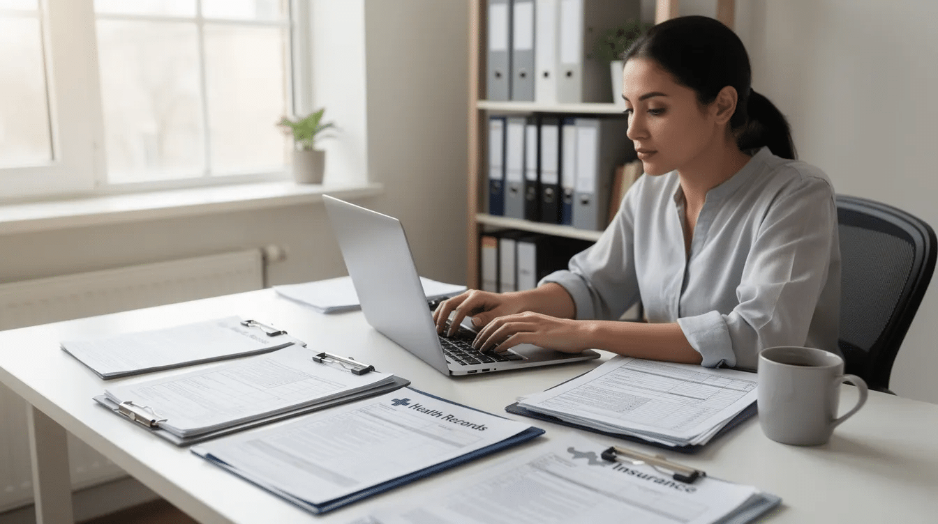 A person is focused on their work in a quiet home office, surrounded by healthcare documents related to medical coding and billing. The workspace reflects a professional environment, suitable for coding specialists managing patient data and medical records.