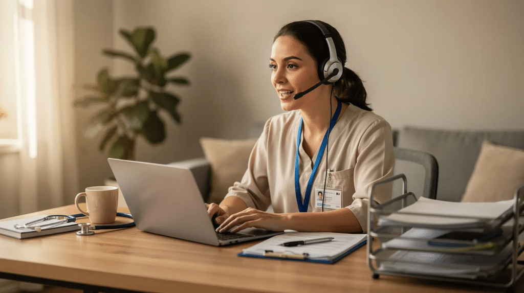 Medical Coding Salary in 2026 professional working remotely from a home office while reviewing medical records, assigning diagnosis codes, and managing healthcare reimbursement tasks.