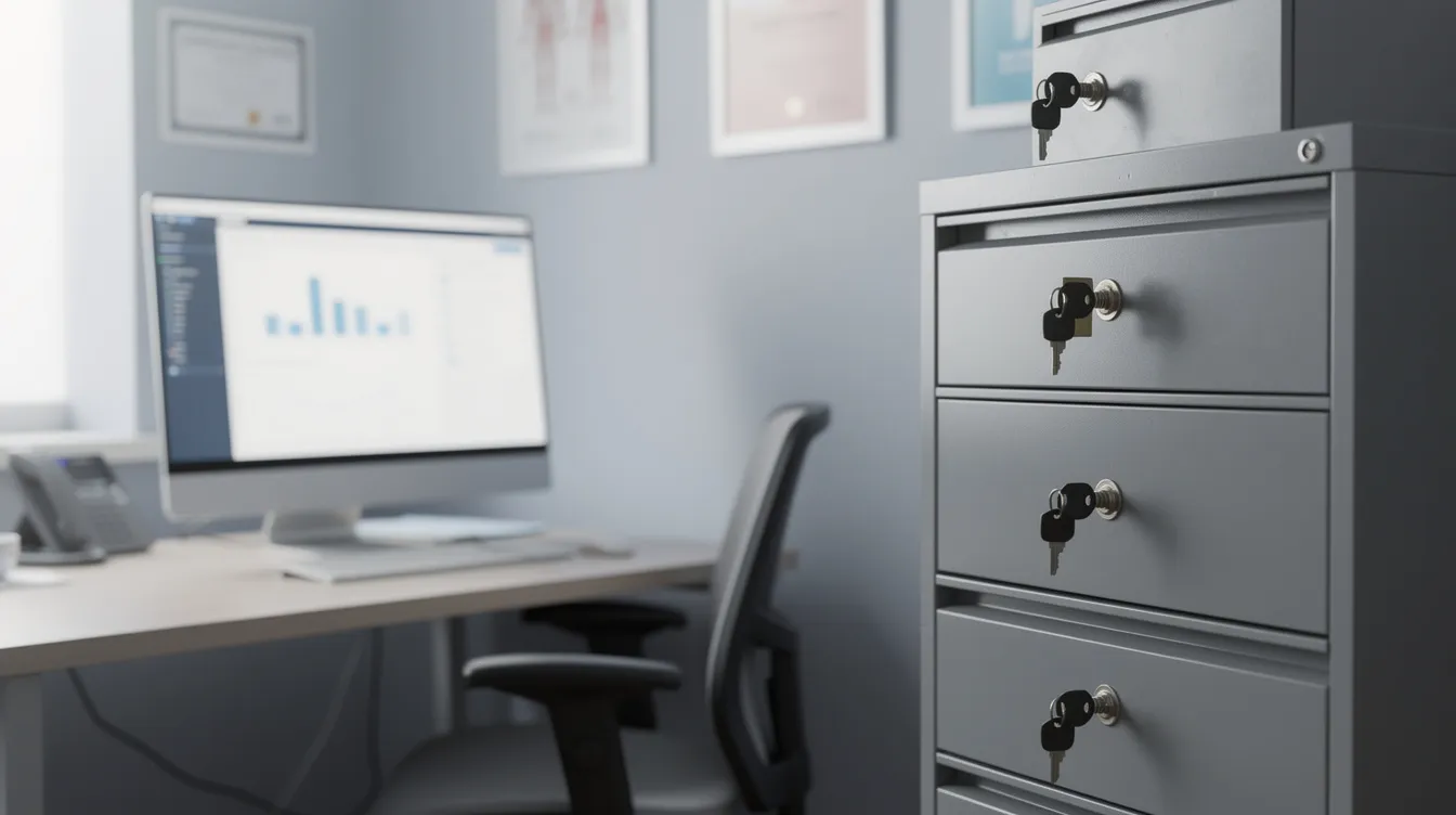 The image depicts a secure healthcare office workspace featuring a locked file cabinet and a computer workstation, emphasizing the importance of confidentiality in managing sensitive medical information and insurance claims. This environment is essential for healthcare providers who handle various health insurance plans and medical expenses.