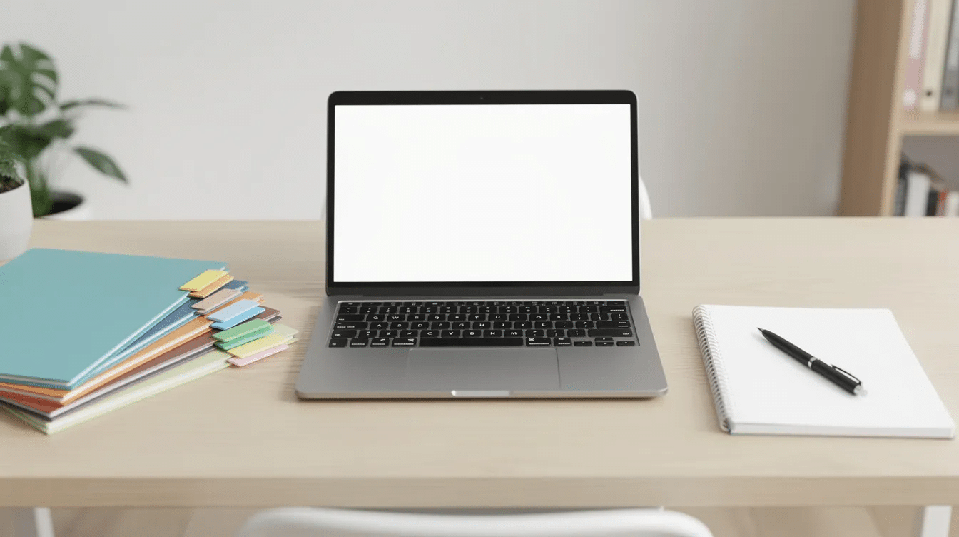 A neatly organized home office desk features a laptop, a notebook, and several folders, creating an ideal workspace for those pursuing online medical coding education or preparing for certification exams. This setup reflects a professional environment conducive to learning about medical billing and coding practices.