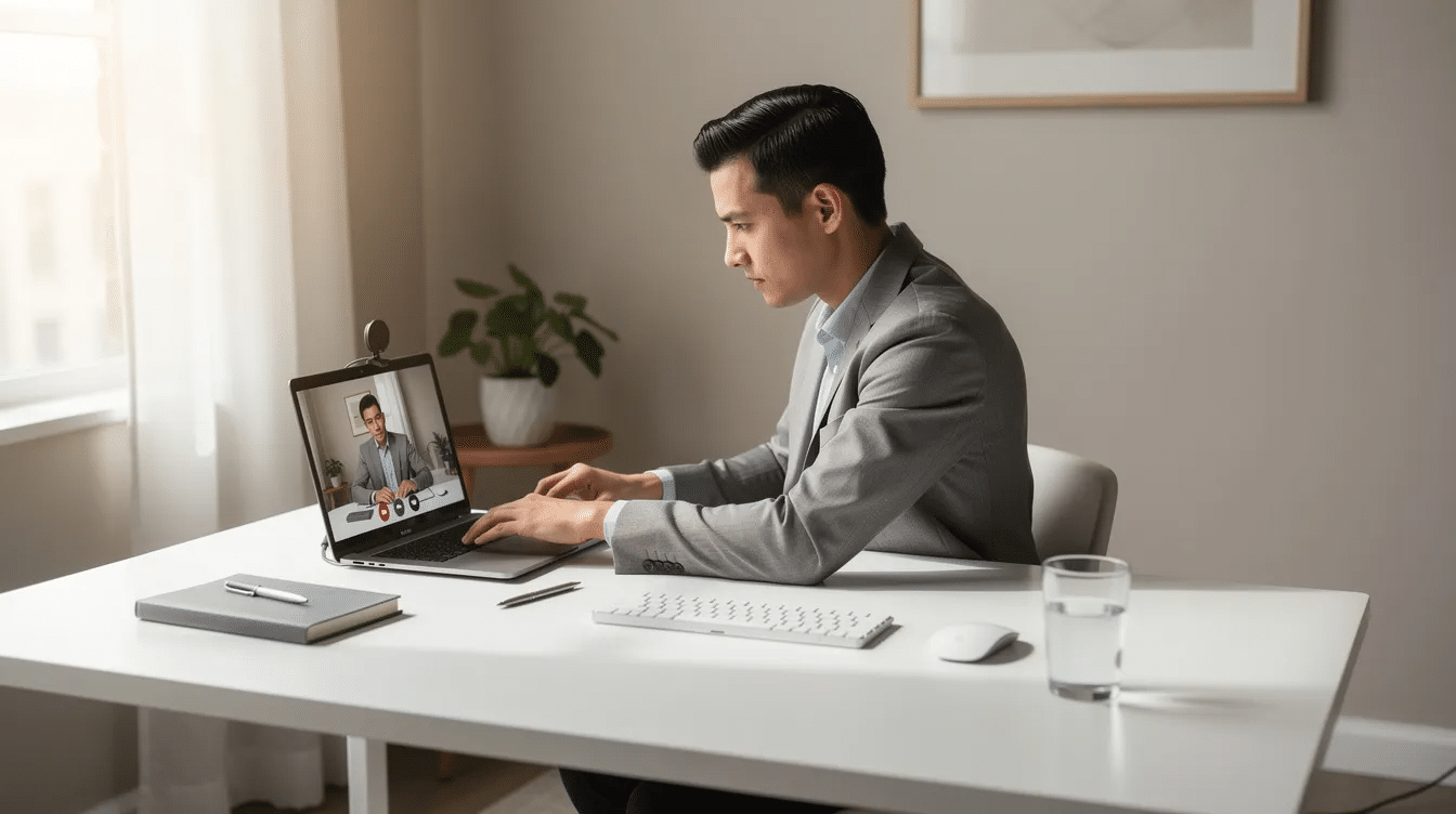 A person is sitting at a clean home office desk, preparing for a video interview, dressed professionally with a focused expression. The environment suggests an organized workspace, ideal for roles in medical coding and billing, emphasizing skills in patient medical records and coding accuracy.