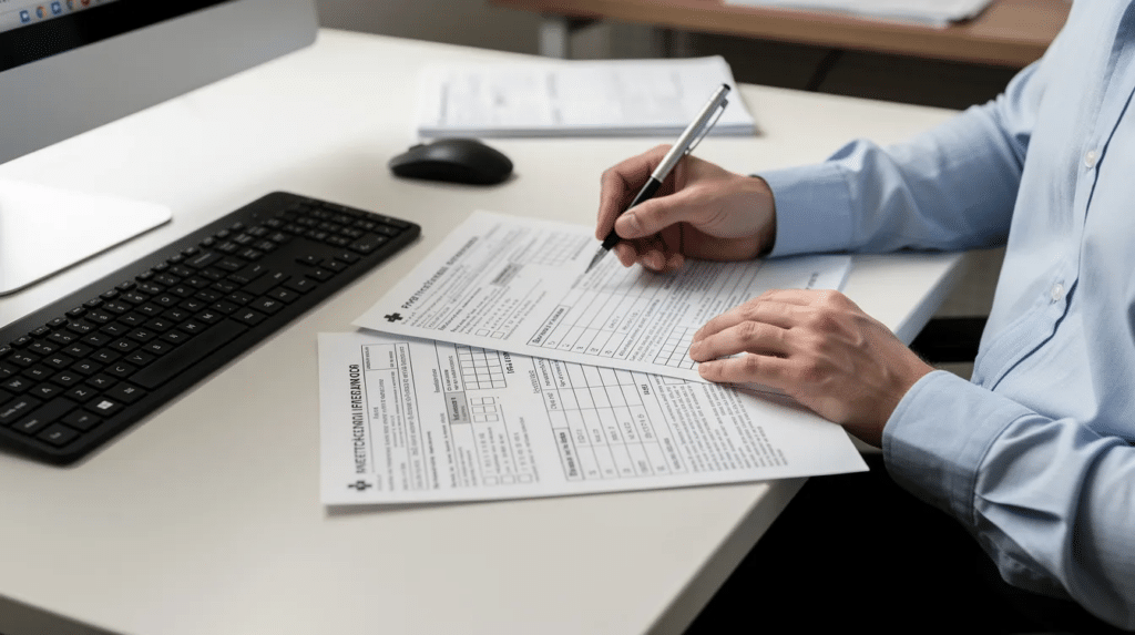 A person is seated at a desk, reviewing healthcare forms while positioned next to a computer keyboard, highlighting the importance of accurate medical coding and billing in the healthcare industry, and is meant to promote the Online Medical Coding Education that is offered.