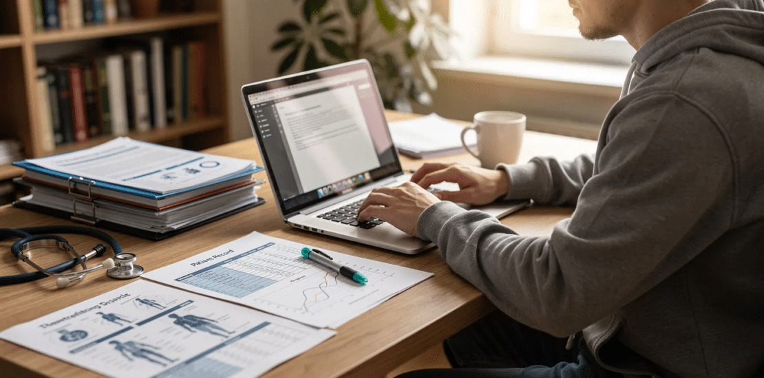 A student is focused on their laptop, surrounded by healthcare documents on a desk, as they engage in online medical coding education. This scene highlights the importance of training in medical billing and coding for a rewarding career in the healthcare industry.