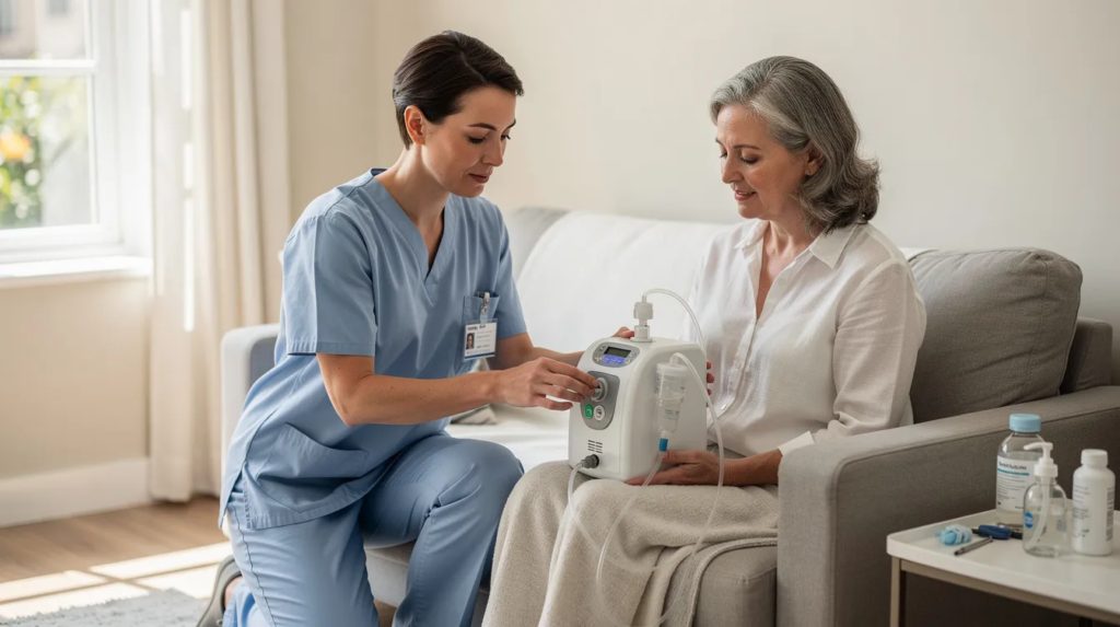 A clinician is assisting a patient with durable medical equipment in a bright room, ensuring the patient understands how to use the device for their healthcare needs. The scene emphasizes the importance of healthcare services and support provided by healthcare professionals in managing medical expenses related to home medical equipment. Key Terminology in Medical Billing