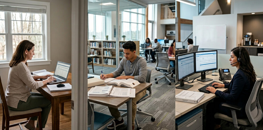 Different learning environments representing Schools with Medical Billing and Coding Programs including online and office-based study setups