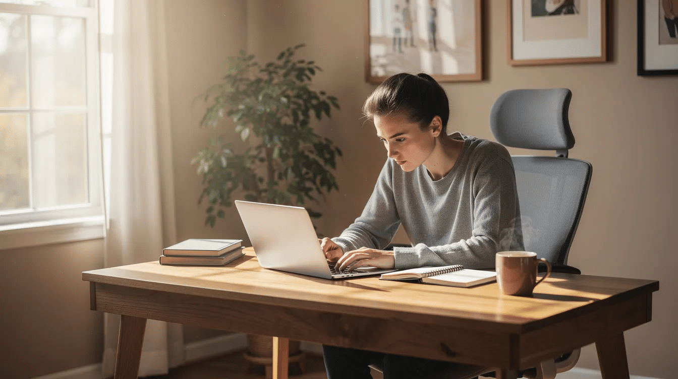 A person is studying at a laptop in a cozy home office filled with natural light, surrounded by books and notes related to medical coding and billing. This comfortable setting is ideal for learning about medical terminology and preparing for certification exams in the field of healthcare.