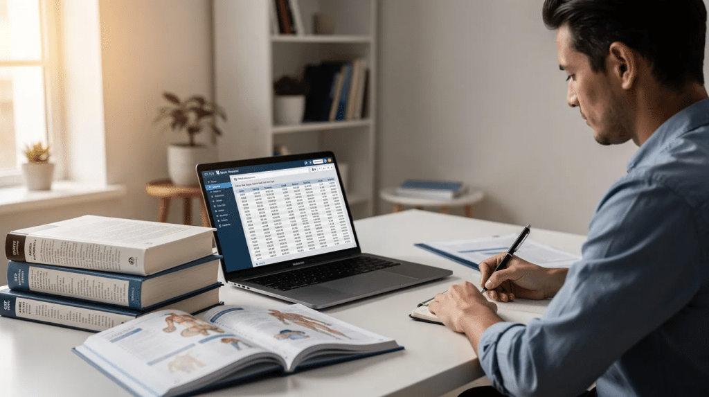 Student studying with textbooks and a laptop as part of Medical Billing and Coding Online Schools, learning healthcare documentation, coding systems, and insurance billing from home.