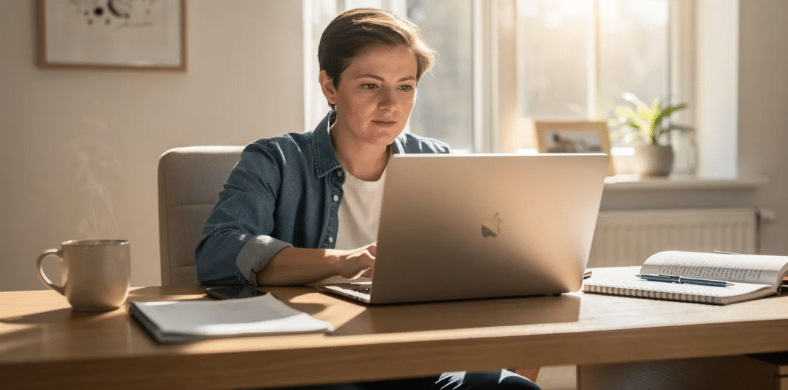 An adult student completes online medical billing and coding training at a home desk using a laptop, notebook, and study materials while preparing for certification.