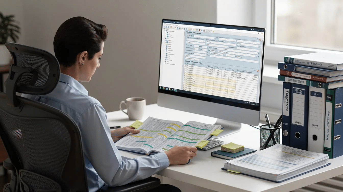 A person is seated at a desk, reviewing medical coding reference materials while a computer screen displays a claims form related to medical billing. This scene highlights the work of a coding specialist engaged in the healthcare industry, emphasizing the importance of accurate medical terminology and documentation for insurance claims.