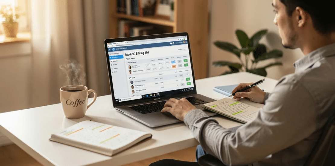 Classes for Medical Billing and Coding student studying from home with a laptop and reference materials while learning medical terminology, coding concepts, and insurance billing procedures.