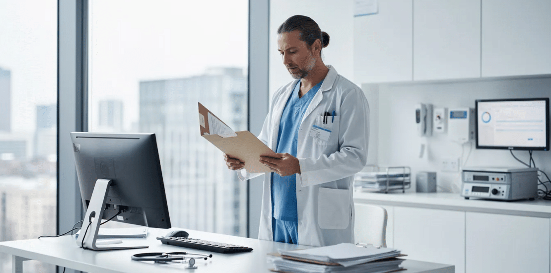 Best Medical Coder Program student reviewing patient records and healthcare documentation in a clinical office while learning medical coding, compliance, and insurance claim workflows.