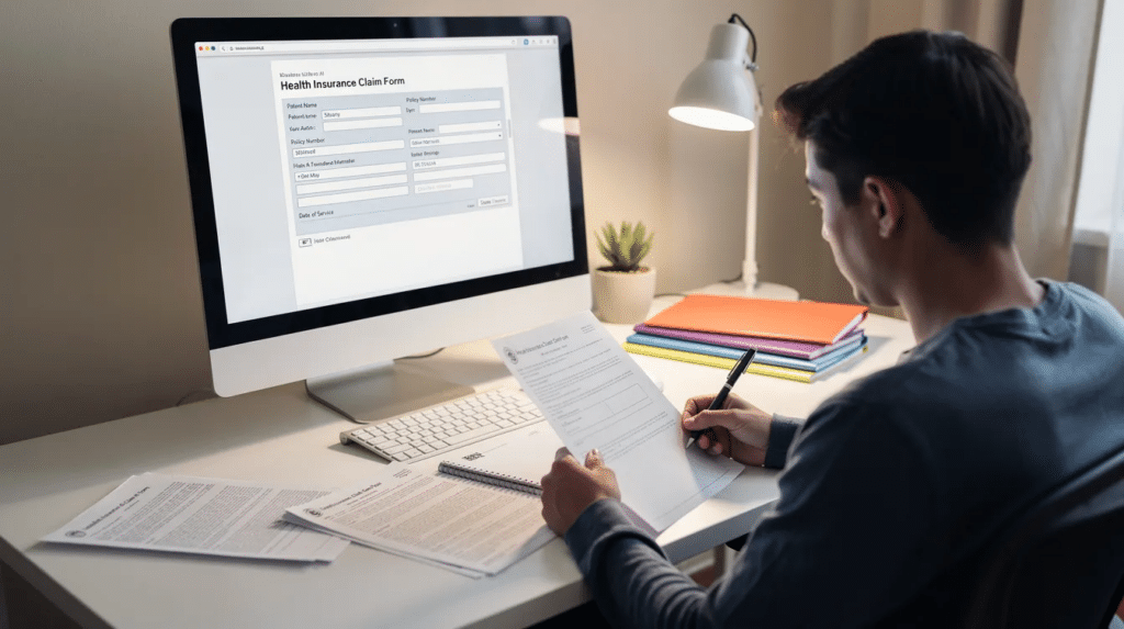 Best Medical Coder Program student reviewing healthcare documents and a CMS-1500 claim form while learning medical coding, billing, and insurance claim processing.
