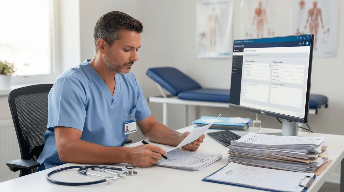 A healthcare professional is seated at a desk, intently reviewing patient charts on a computer monitor, highlighting the importance of medical billing and coding in managing patient information. This scene reflects the role of certified medical records specialists in ensuring accurate documentation and compliance within the healthcare industry.
