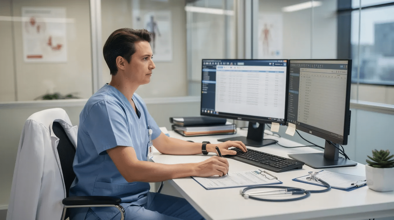 A healthcare professional is seated at a modern computer workstation, reviewing medical documents and data in an office setting. This scene reflects the essential role of medical billing and coding in the healthcare industry, highlighting the importance of accurate documentation for reimbursement and compliance.