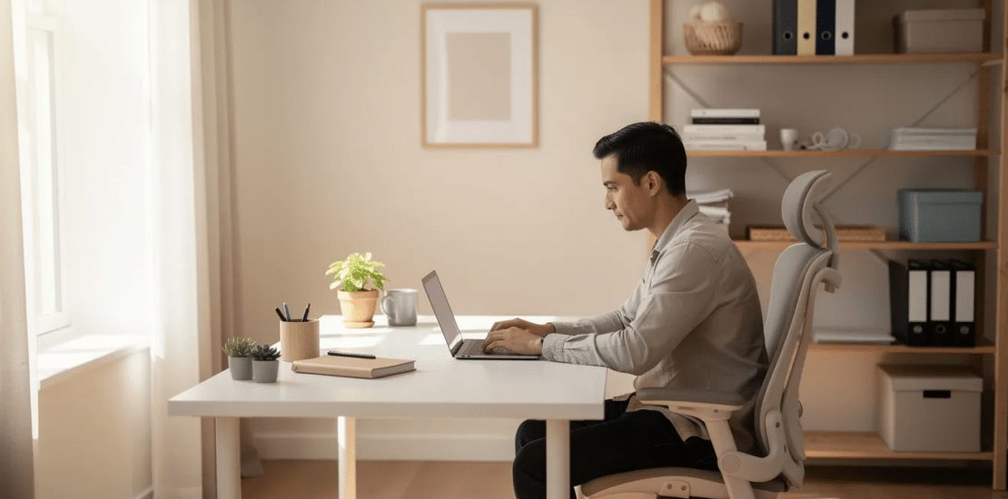 Medical Billing and Coding Online Schools image showing a student studying on a laptop in a professional home office while learning medical billing, coding, and insurance claim workflows.