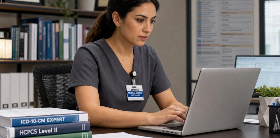 Medical Coding Salary certified coding specialist reviewing medical records on a laptop while assigning diagnosis and procedure codes in a professional healthcare office.