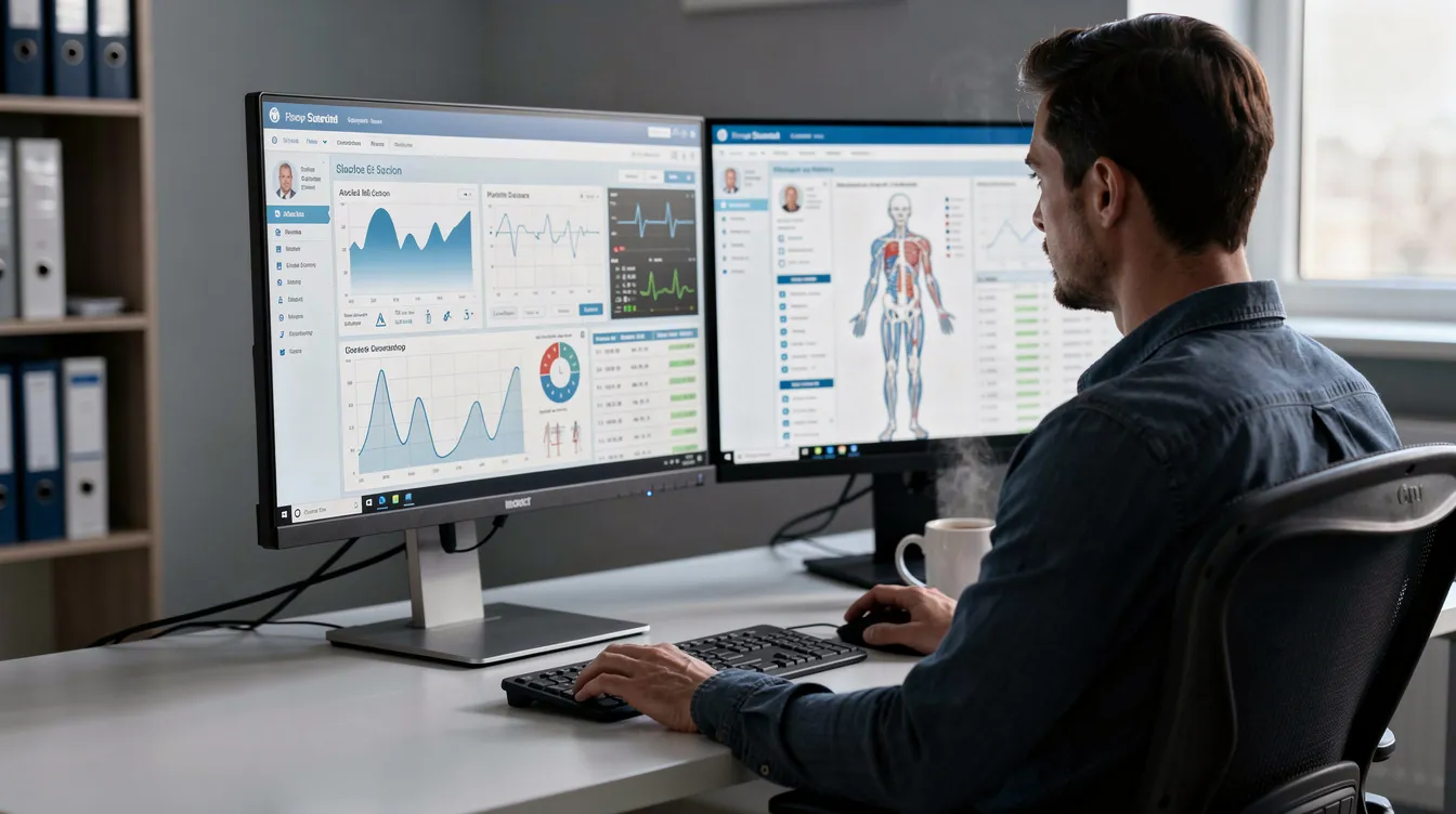 A person is seated at a desk with dual monitors showing medical billing and coding software, while a coffee mug rests nearby. This environment reflects the responsibilities of a medical coder, focusing on patient records and ensuring compliance with medical billing regulations.