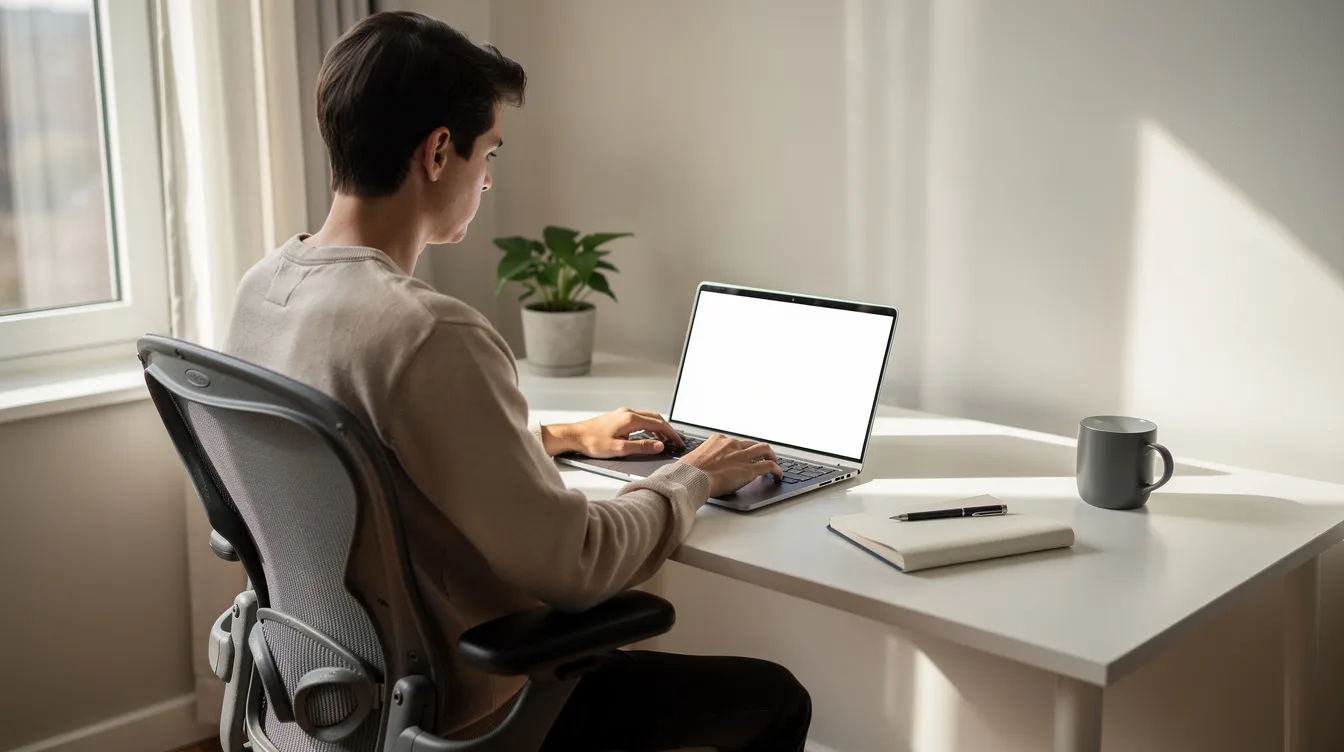 A person is working from home at a clean desk, focused on their laptop and notebook, with natural light streaming in from a nearby window. This serene setting reflects a productive atmosphere, ideal for managing medical billing processes or enhancing the financial performance of healthcare providers.