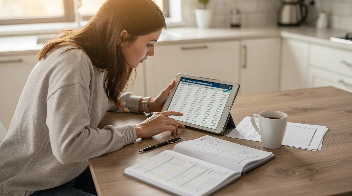 A student is seated at a kitchen table, reviewing medical coding reference materials on a tablet, as part of their preparation for a medical coding certification exam. The scene reflects a focus on medical terminology and coding procedures, emphasizing the importance of training for a career in the healthcare industry.
