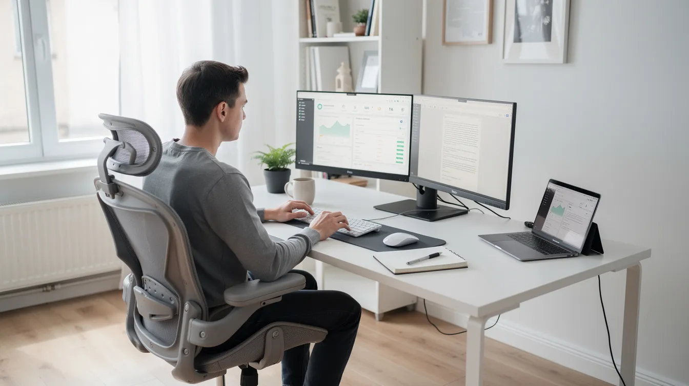 A person is working remotely in a tidy home office, featuring a dual-monitor computer setup that displays medical coding and billing software. This environment is ideal for medical coding specialists pursuing online medical coding courses or training programs to enhance their careers in the healthcare industry.