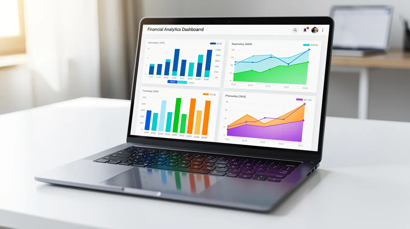 The image features a laptop screen displaying vibrant bar charts and graphs that illustrate financial analytics, emphasizing the importance of revenue cycle management services for healthcare providers. This visual representation highlights key metrics that can enhance the financial health of a medical practice through effective billing services and medical billing software.