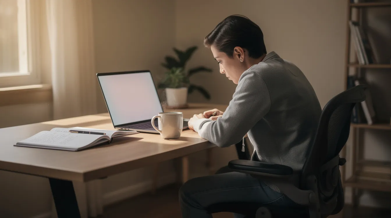 A person is focused on studying medical billing and coding on their laptop at a home desk, with a coffee mug and a notebook nearby, creating a conducive environment for learning about healthcare services and coding procedures. This scene reflects the dedication required for a career in the healthcare field, particularly in roles like medical biller and coder.