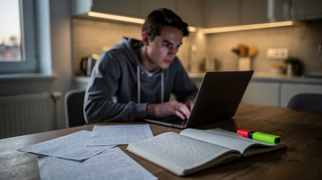 A person is studying on a laptop at a kitchen table, surrounded by notes and a highlighter, focusing on medical billing and coding concepts. The setting suggests a commitment to professional development in healthcare, emphasizing the importance of understanding medical terminology and billing processes.