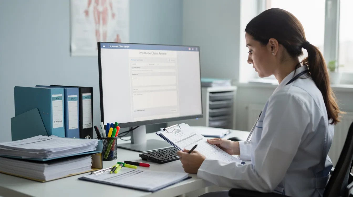 A healthcare professional is meticulously reviewing insurance forms and documents at a well-organized desk, highlighting the important role of medical billing and coding in managing healthcare records and ensuring compliance with insurance requirements. The scene emphasizes the need for trained coding specialists and certified medical records specialists in the healthcare industry.
