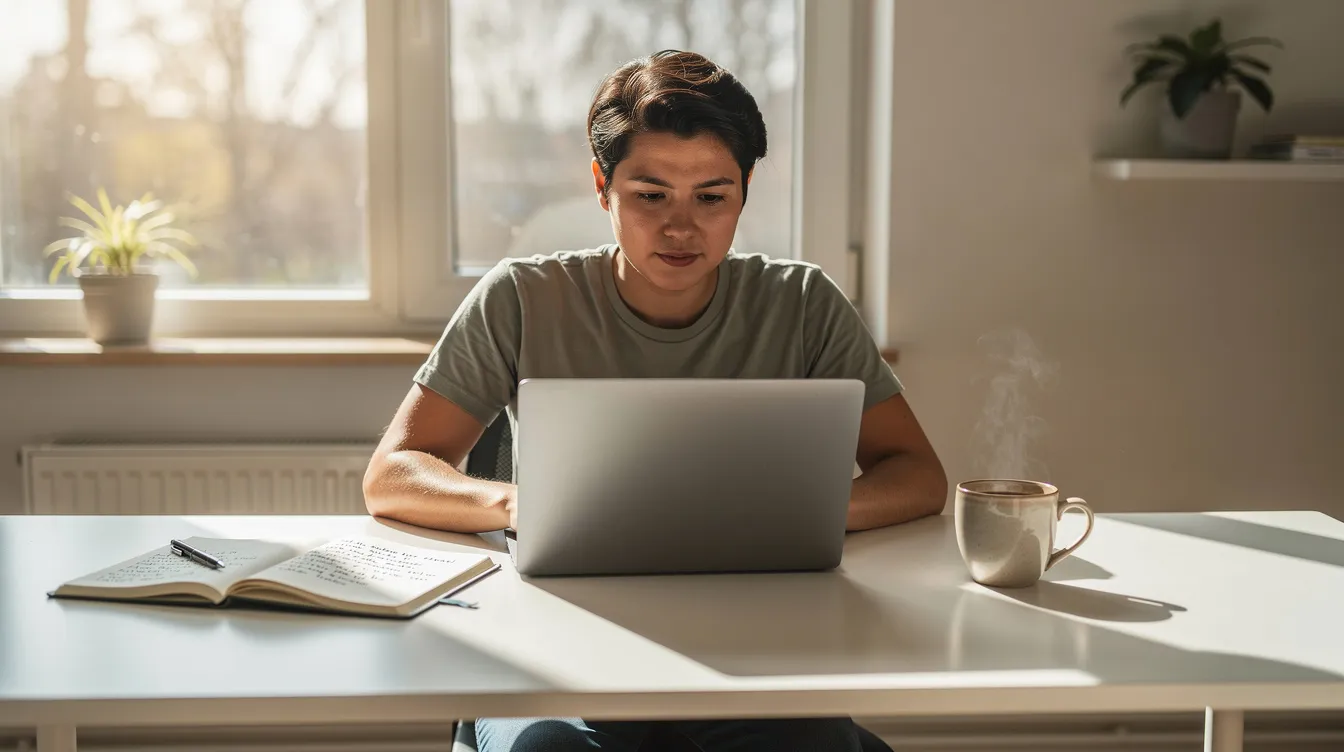A person is studying at a laptop in a bright home office, surrounded by a coffee mug and a notebook, focusing on medical coding and billing materials. The cozy setting suggests a productive environment for online medical billing training and preparing for certification exams.