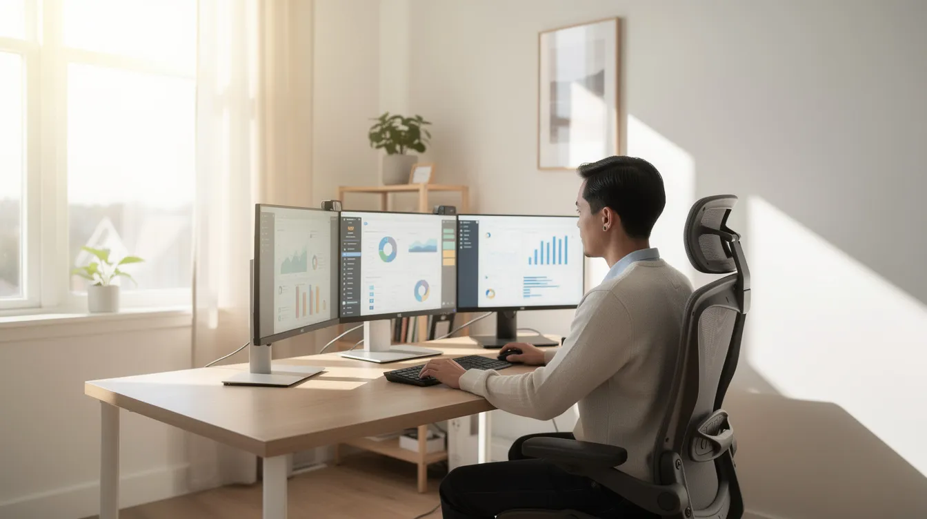 A person is working from home at a clean desk featuring dual monitors, illuminated by natural light. This setup is ideal for professionals in medical coding and billing, providing a focused environment for tasks such as managing medical records and submitting electronic claims.