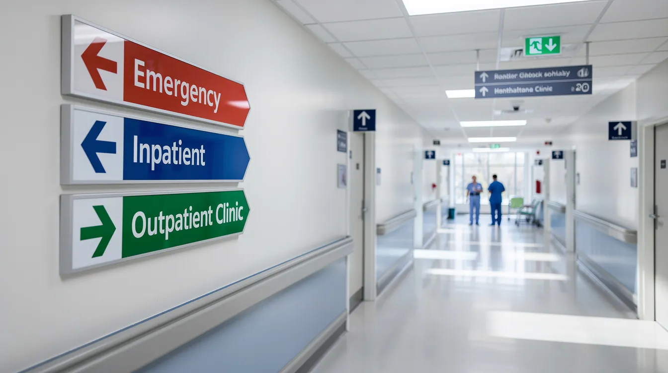 A hospital corridor features clear signage directing visitors to various departments, including the emergency department, inpatient services, and outpatient clinic, each a setting where evaluation and management coding applies. This layout facilitates access to essential healthcare services and supports a smoother patient encounter experience.