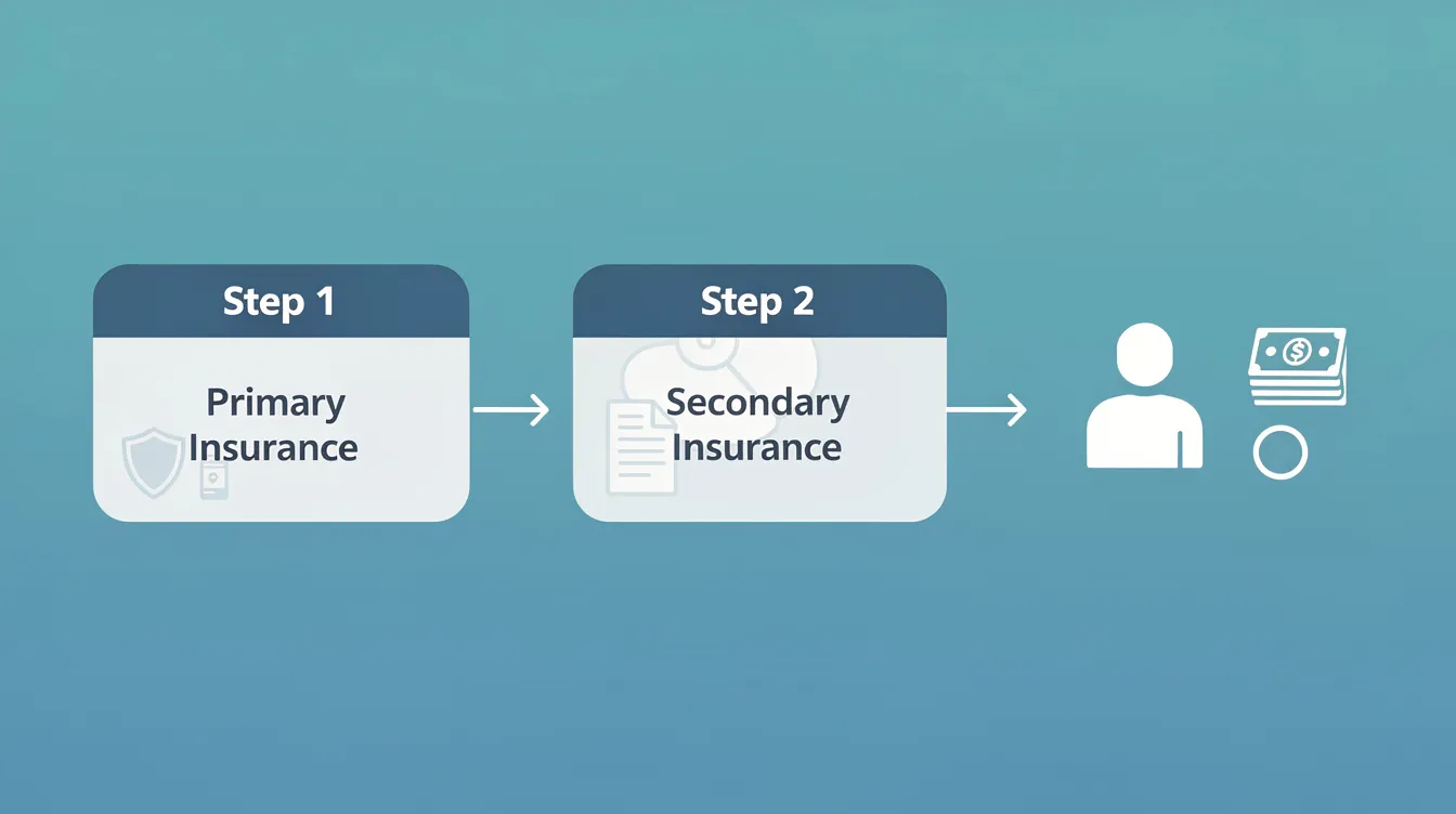 An infographic maps the coordination of benefits process for medical claims, with labeled steps for "Primary Insurance" and "Secondary Insurance" alongside icons representing a patient and their remaining financial responsibility. Coordinating benefits correctly is a core part of verification of insurance for patients with more than one policy.